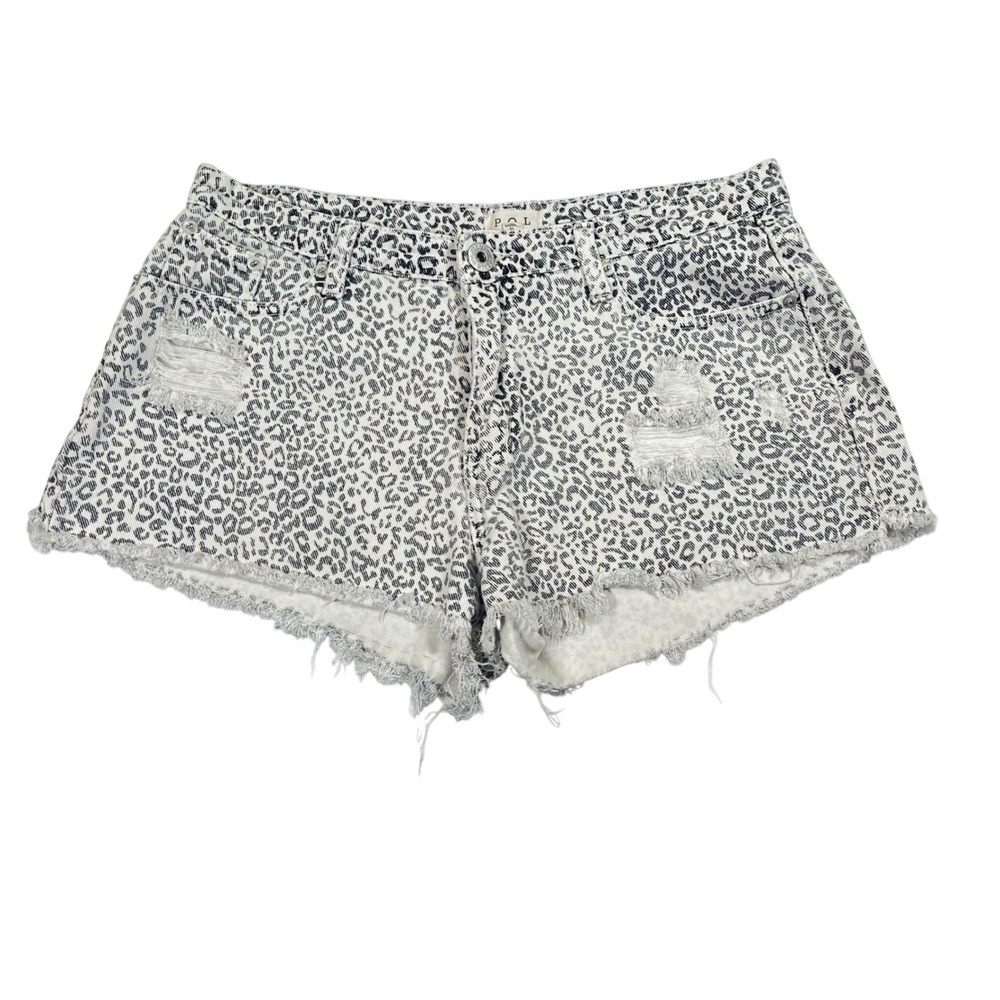 POL Denim Shorts White Black Leopard Print Distressed‎ Raw Hem Boho Sz M